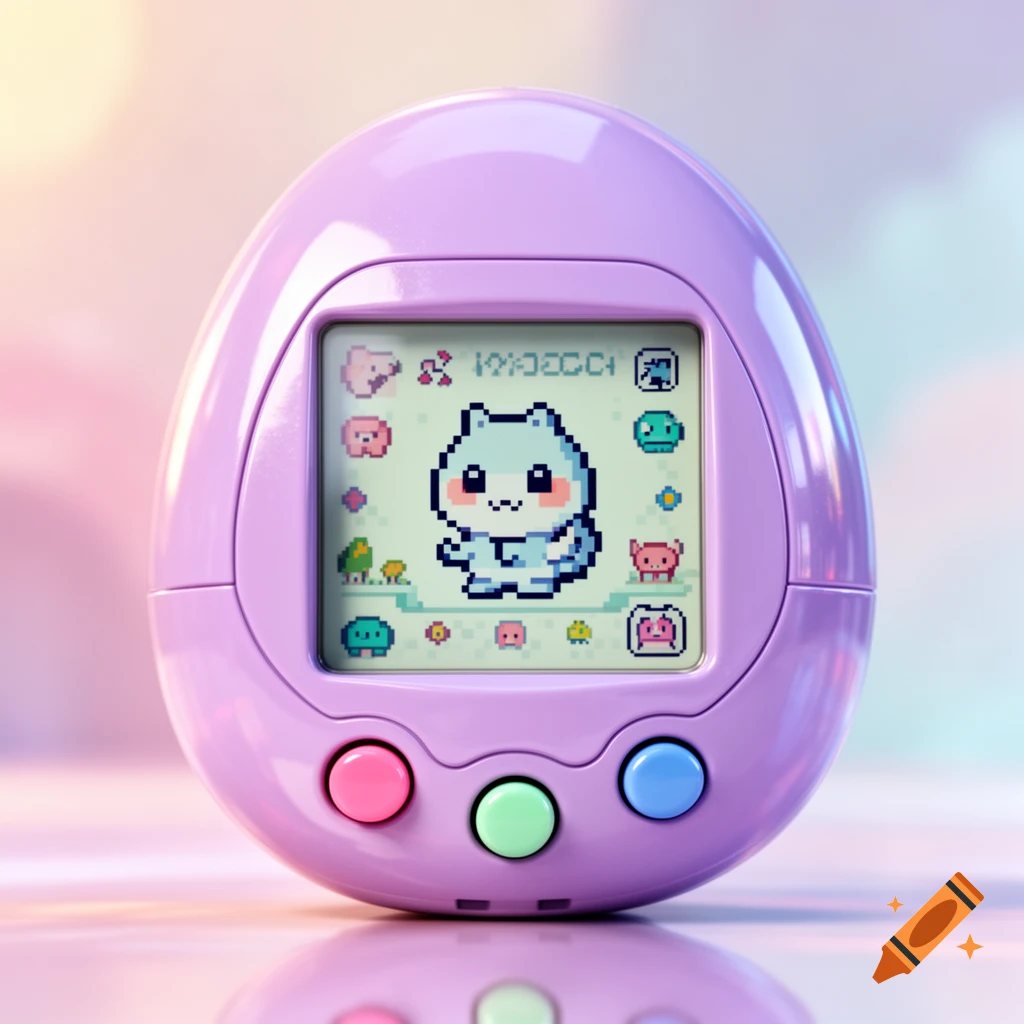 A purple Tamagotchi virtual pet device with a pixelated blue animal character on its screen, set against a soft, colorful background.