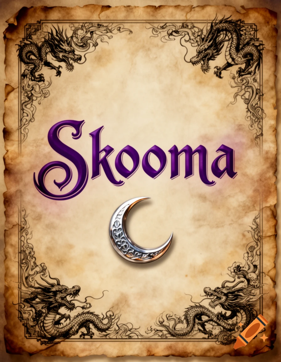 A vintage papyrus-style label features the word 'Skooma' in purple script, framed by black oriental dragons and a silver crescent moon.