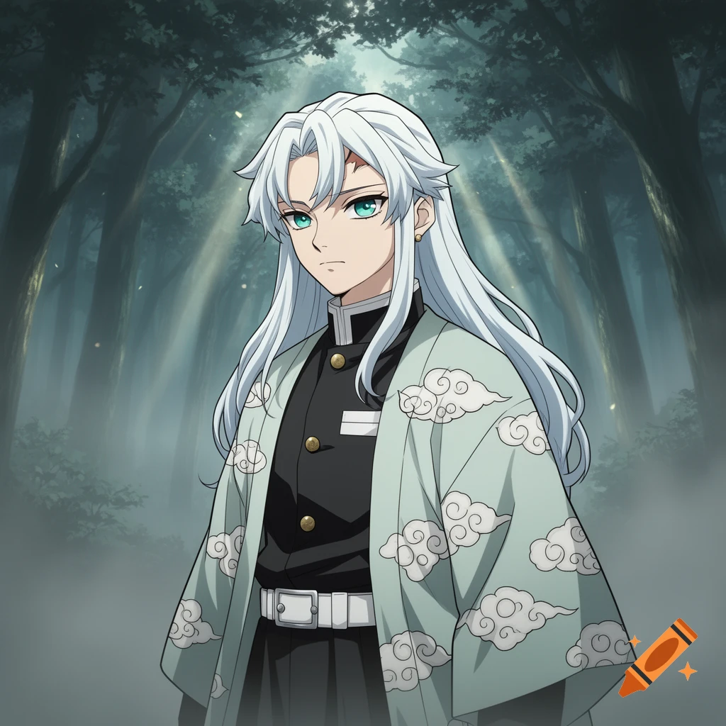 Anime character with long white hair and green eyes, wearing a black uniform and a mint green haori with white cloud patterns, standing in a misty forest.