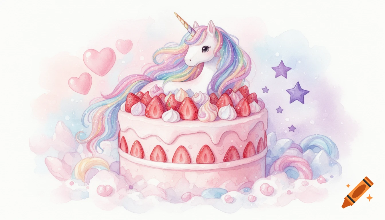 Dreamy watercolor illustration of a white unicorn with a rainbow mane sitting on a strawberry cream cake, surrounded by pink hearts and purple stars in pastel colors.