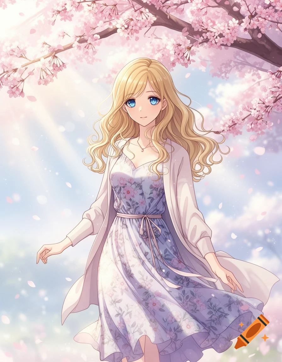 Anime woman with blonde hair and blue eyes in a floral dress and cardigan under pink cherry blossoms in spring.