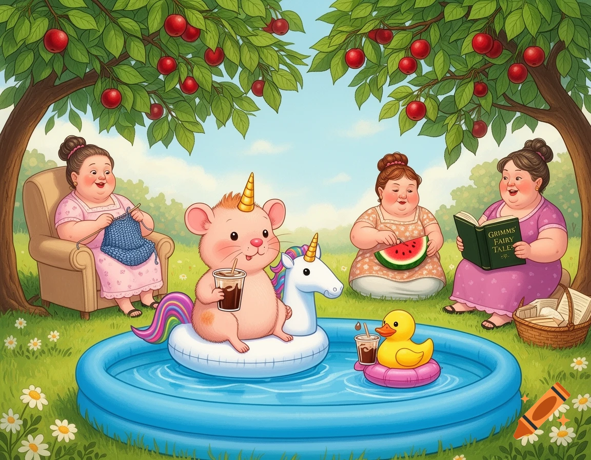 A whimsical illustration of a unicorn-rat and rubber duck in a pool. Three women knit, slice watermelon, and read under cherry trees.