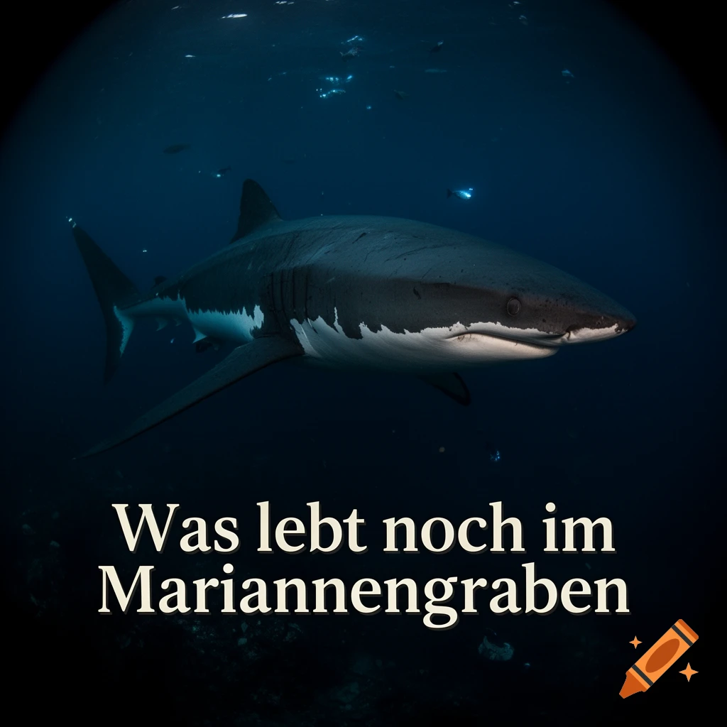 Photorealistic great white shark in dark deep-sea water with German text, 'Was lebt noch im Mariannengraben'.