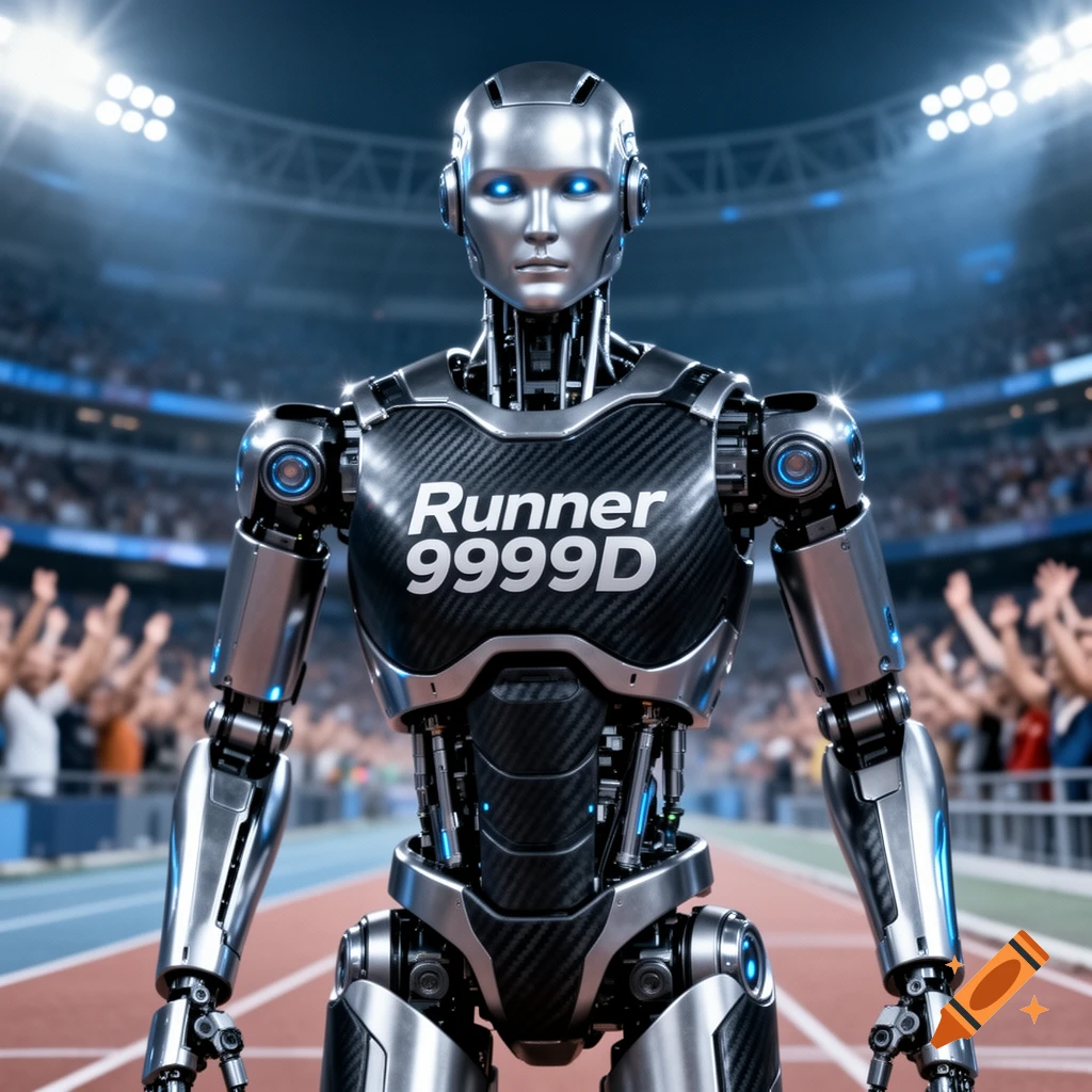 A photorealistic silver and black robot with glowing blue eyes and "Runner 9999D" on its chest, standing on a track in a stadium with cheering crowds.