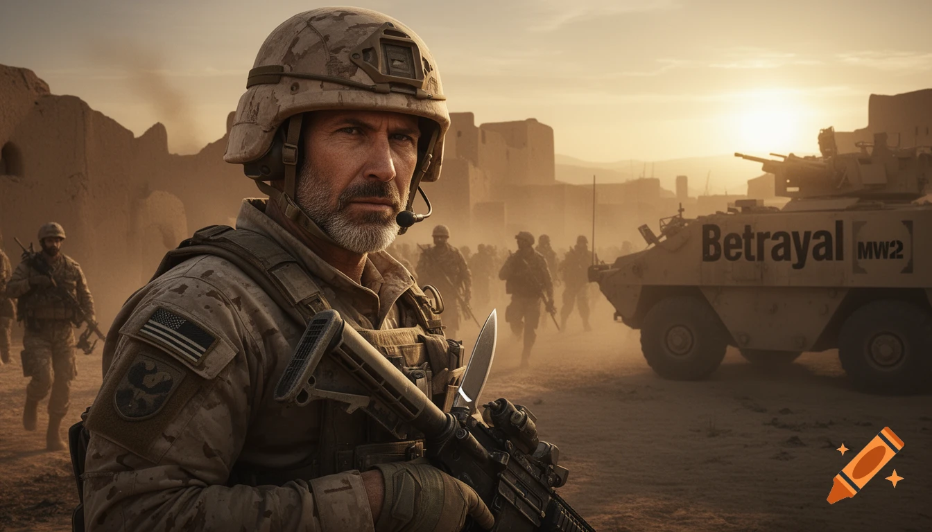 Photorealistic image of a serious soldier in desert camouflage holding a rifle, with a military vehicle labeled 'Betrayal MW2' and other soldiers in a dusty desert at sunset.