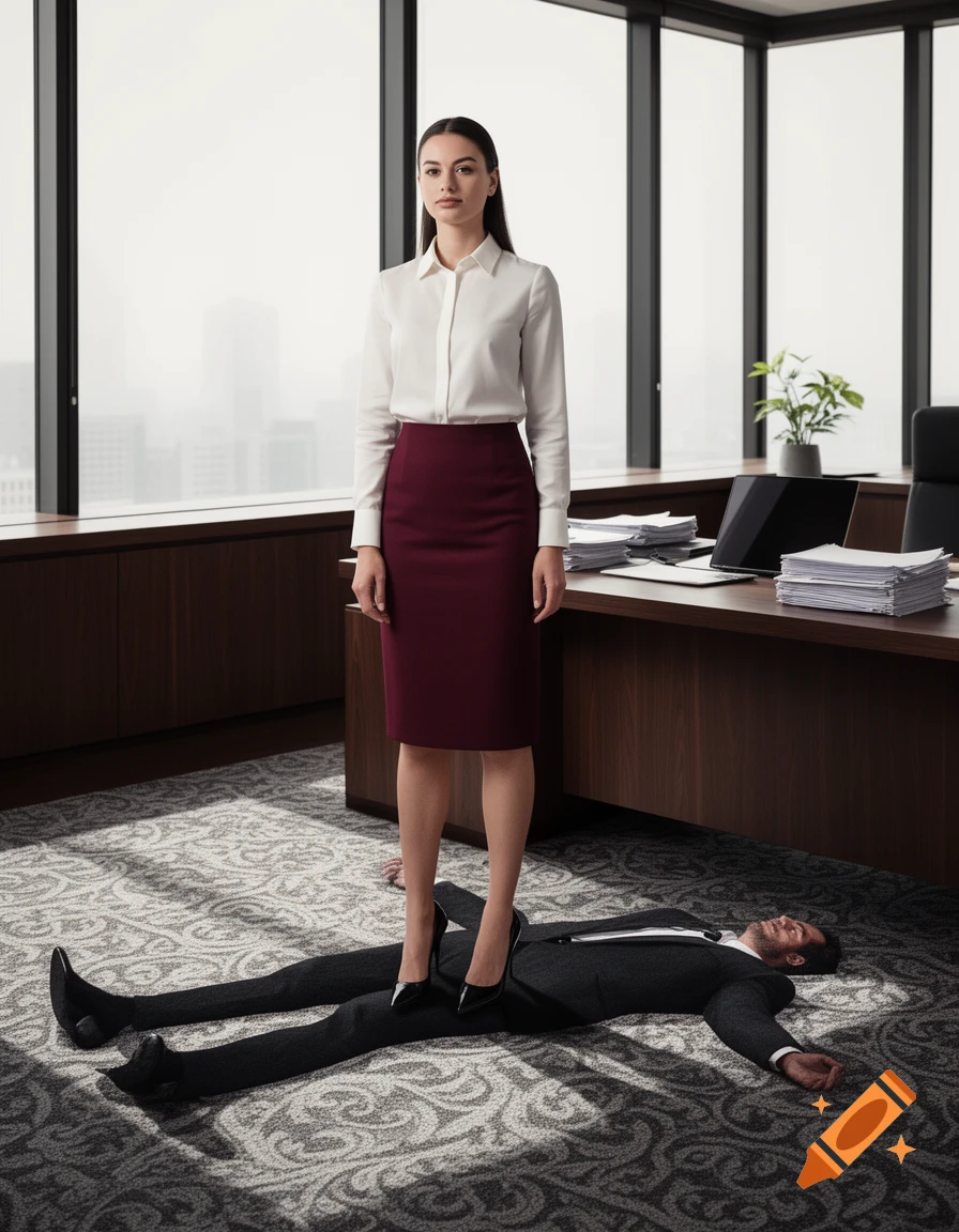 A woman in business attire stands on a man lying on the carpet in a modern office.