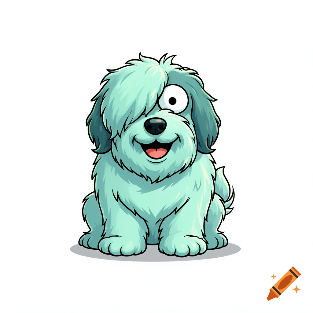 A light teal cartoon dog with shaggy fur covering one eye smiles while sitting on a white background, in Hanna-Barbera style.