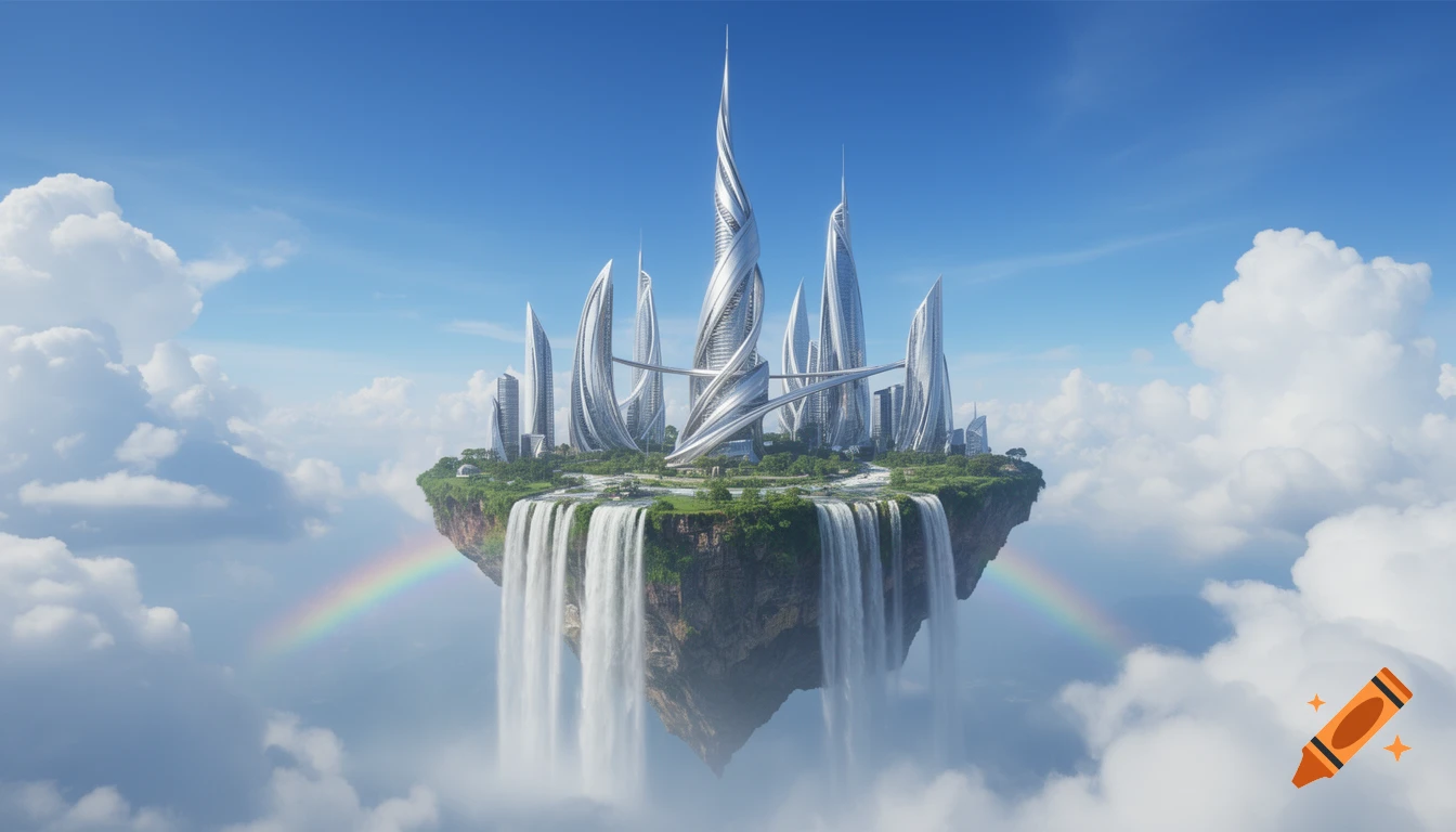 A futuristic city with sleek buildings on a floating island, featuring cascading waterfalls, clouds, and a rainbow.