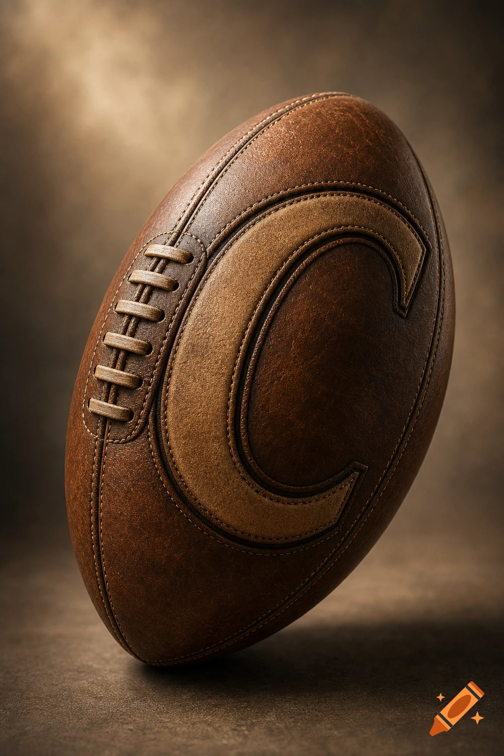 Close-up of a vintage brown leather football with a large embossed capital letter 'C' on its side.