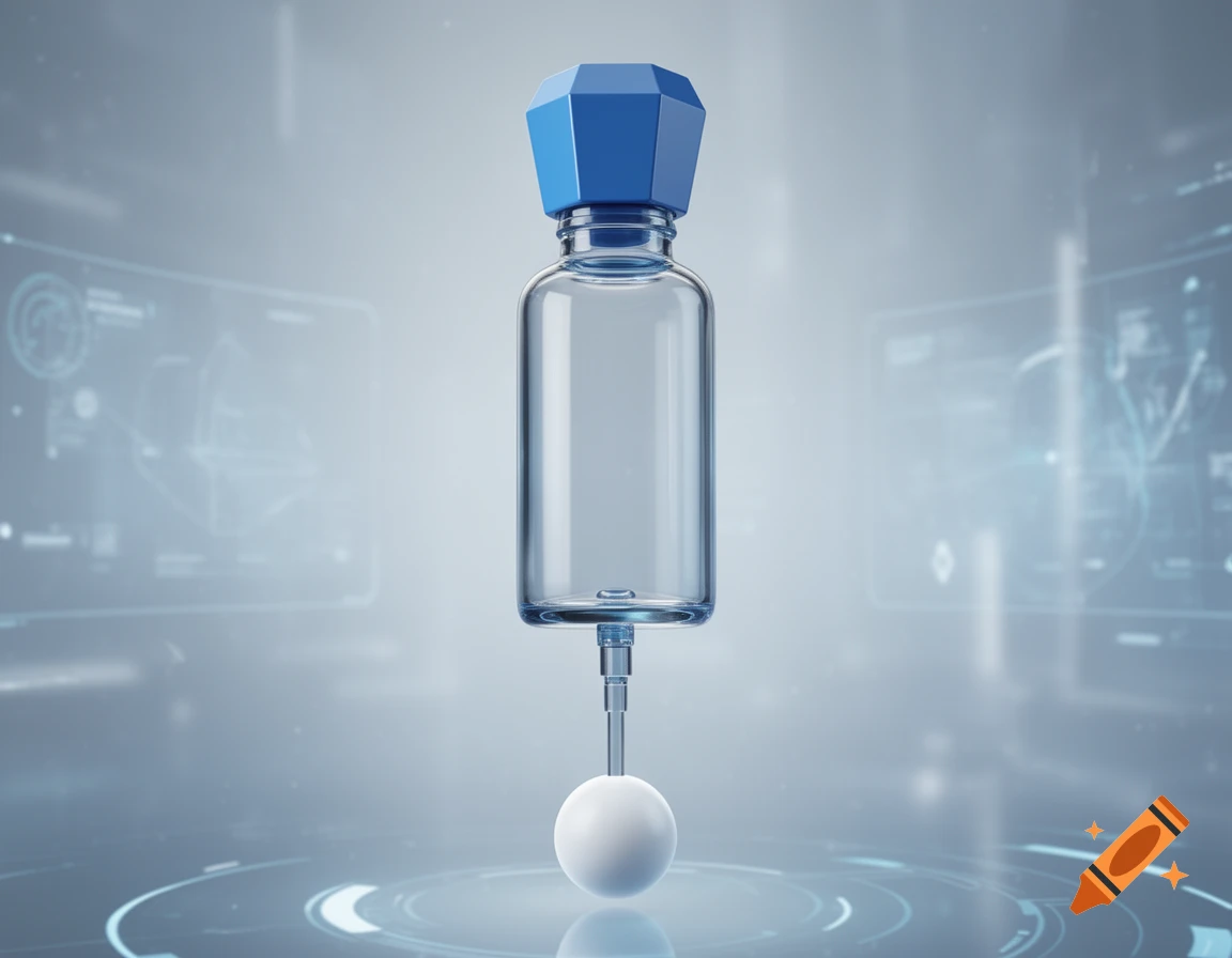 A futuristic 3D render of a transparent light blue bottle with a hexagonal blue cap, connected by a tube to a white sphere, against a technical background.