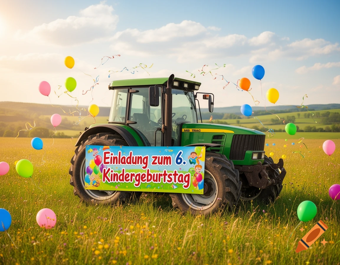 A vibrant green tractor stands in a sunny, wildflower-filled field, decorated with a '6th Birthday Invitation' banner and colorful balloons and confetti.