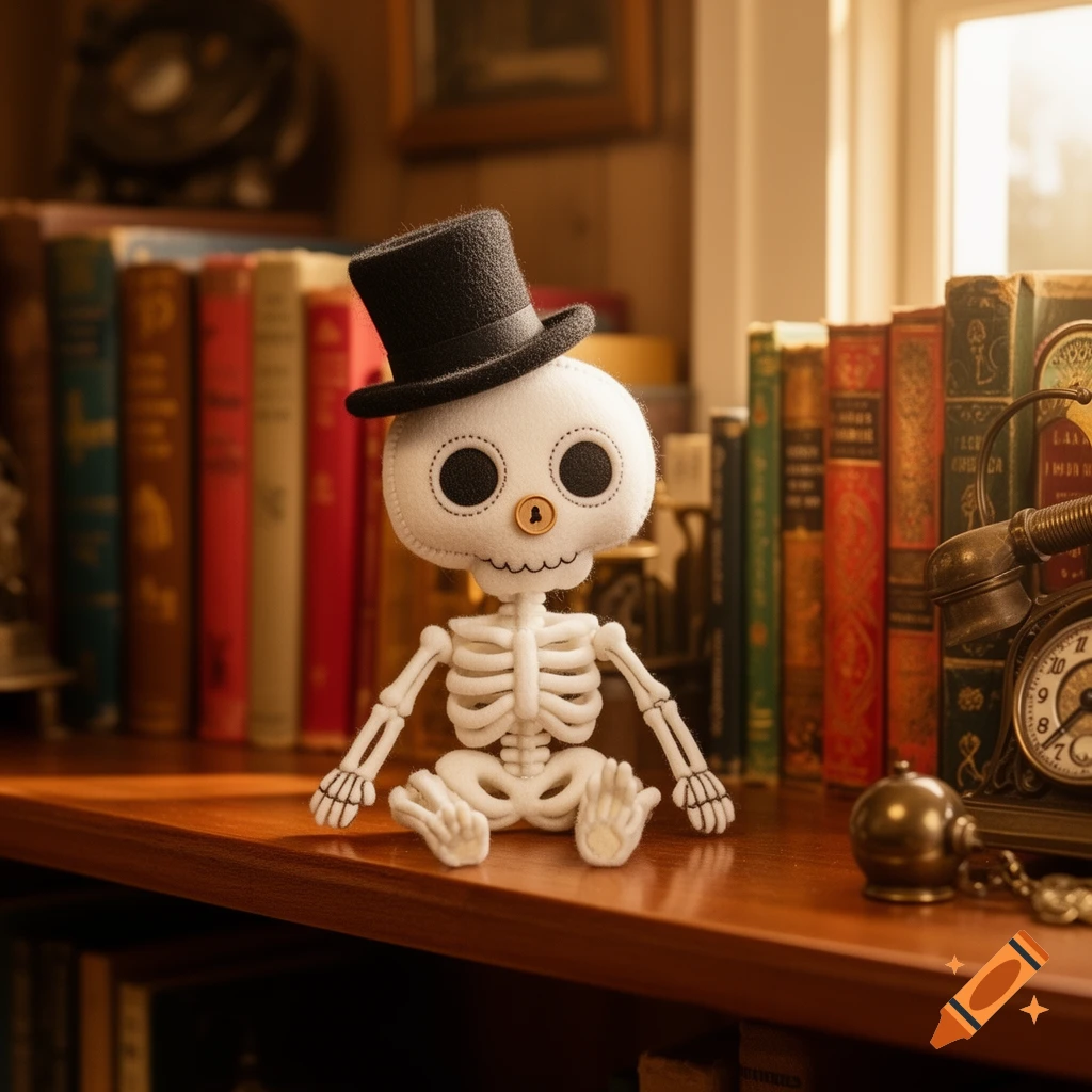 A cute plush skeleton wearing a top hat sits on a wooden shelf among old books and an antique clock.