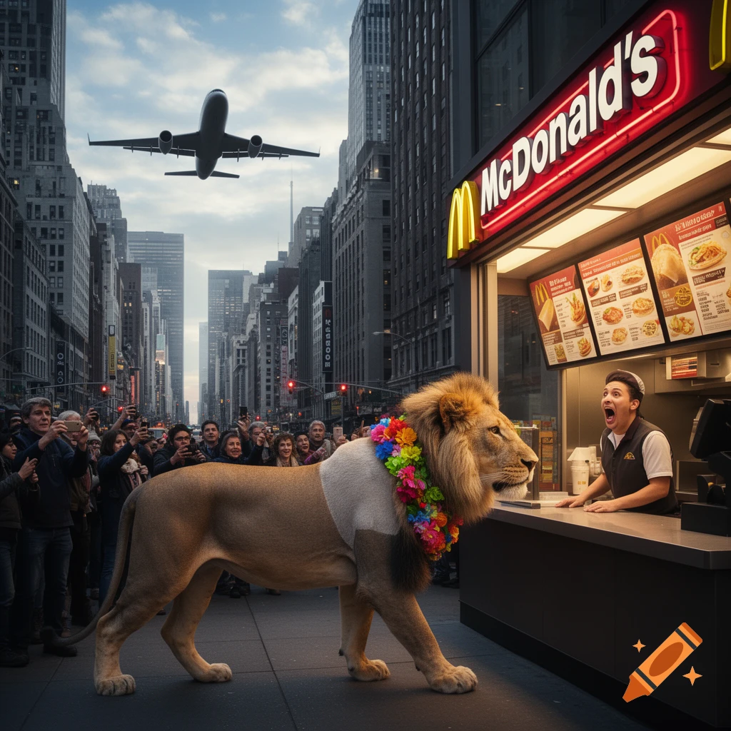 A photorealistic image of a lion with a flower lei walking into a McDonald's in a busy city street, as a surprised employee shouts and people take photos, with an airplane flying overhead.