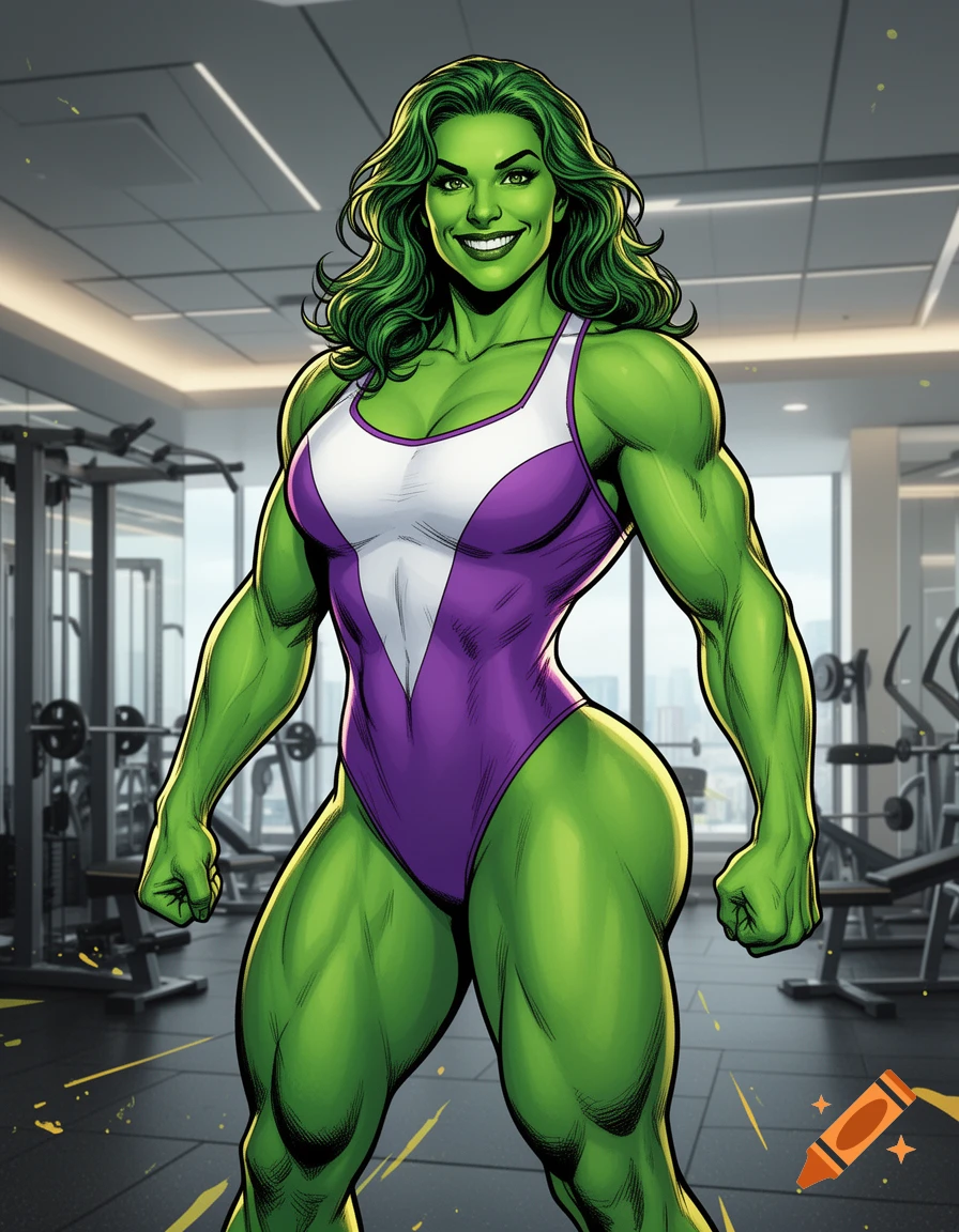 Comic art of a muscular She-Hulk in a purple and white leotard, smiling confidently in a modern gym.
