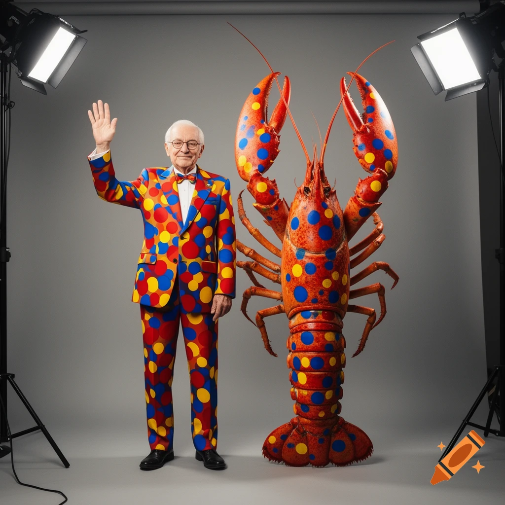 An old man in a colorful polka-dotted suit waves next to a giant, similarly polka-dotted lobster in a photorealistic studio setting.