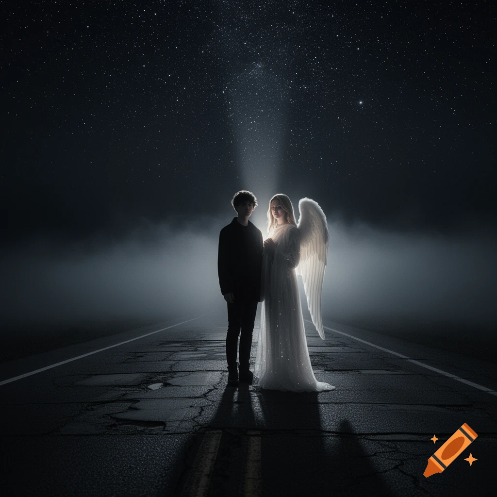 A dark-clothed young man and an ethereal glowing angel stand on a cracked highway under a starry night sky with fog.