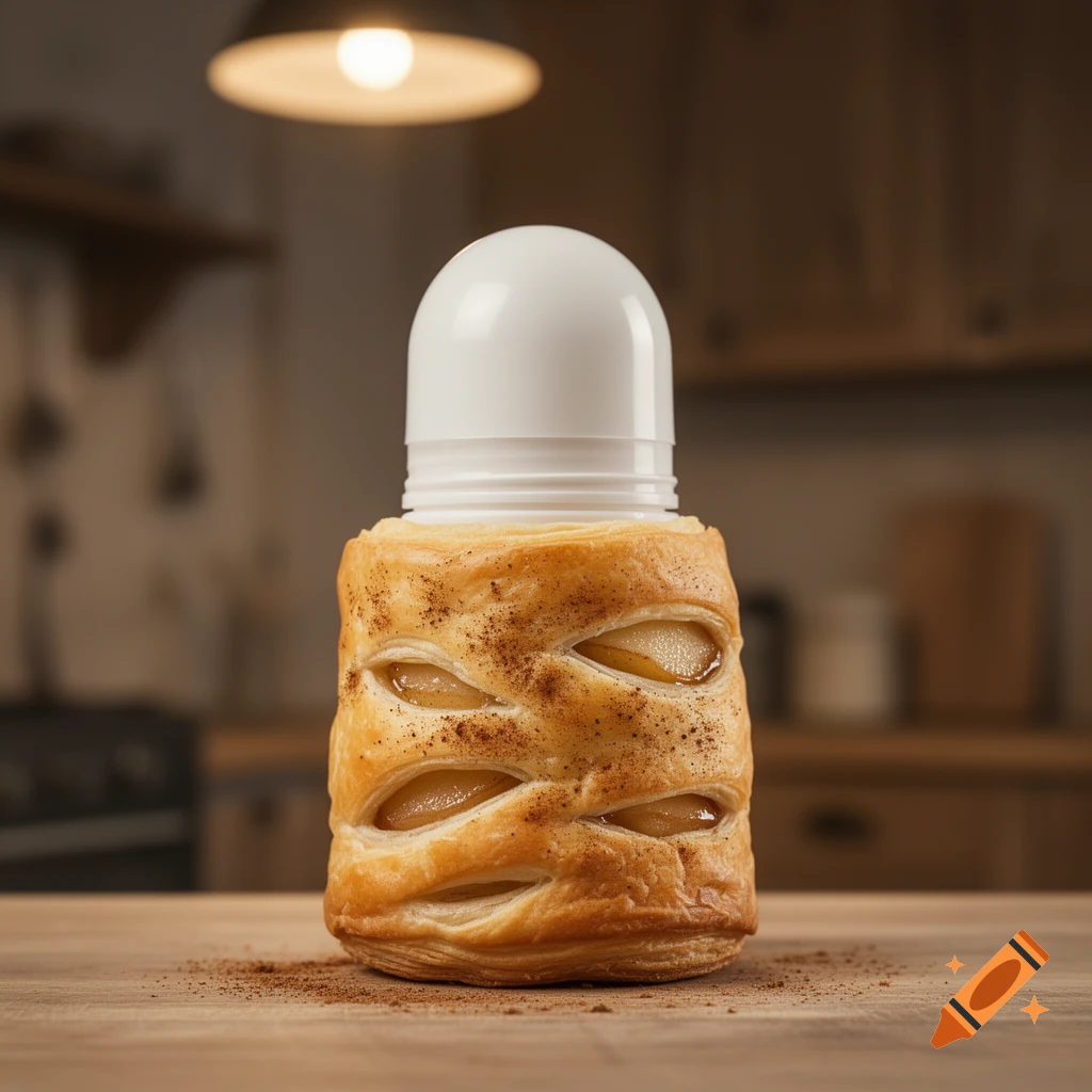 A close-up of a golden-baked apple turnover wrapped around a white roll-on deodorant stick, on a wooden counter.