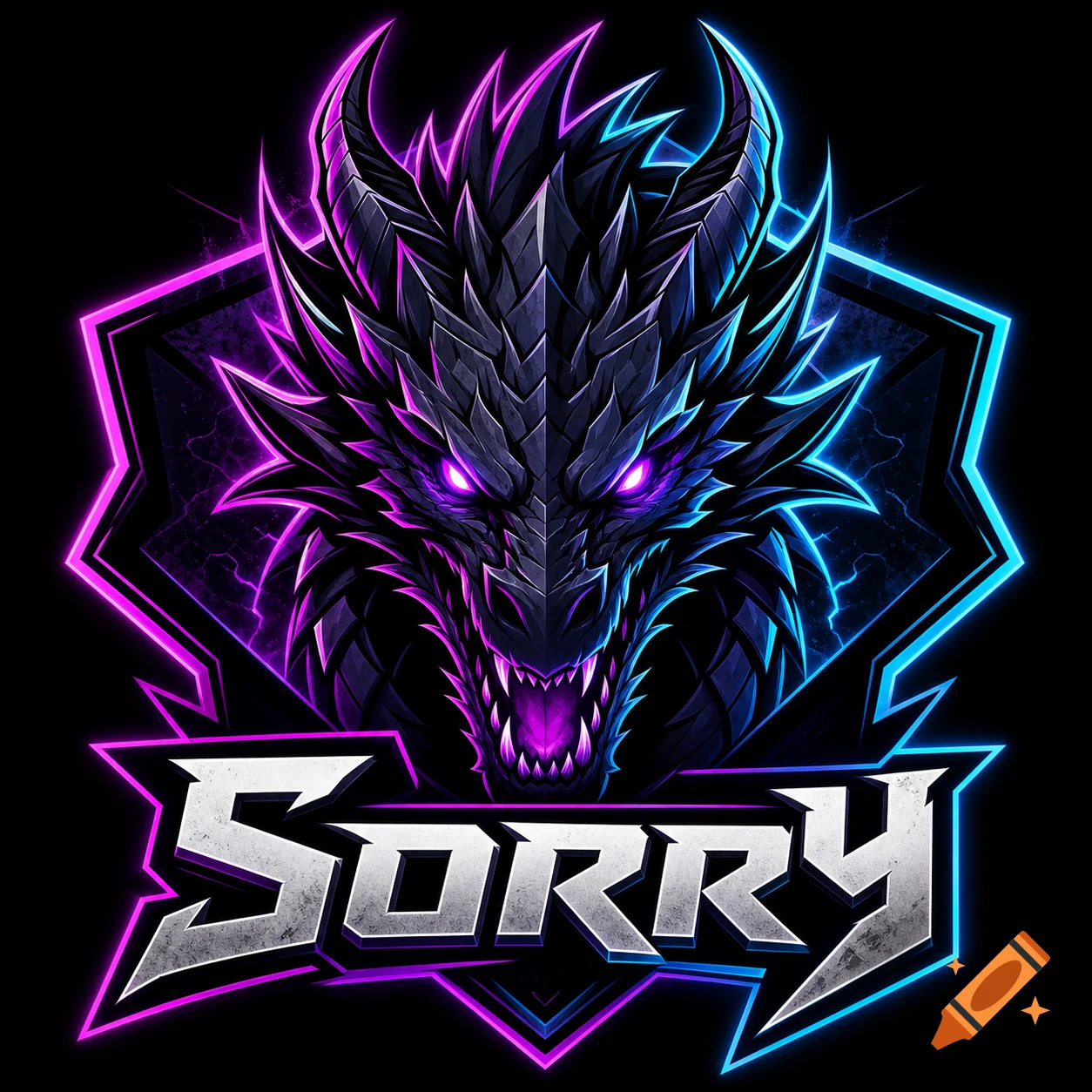 Fierce dragon head gaming logo with vibrant purple and blue neon outlines and the word 'SORRY' below.