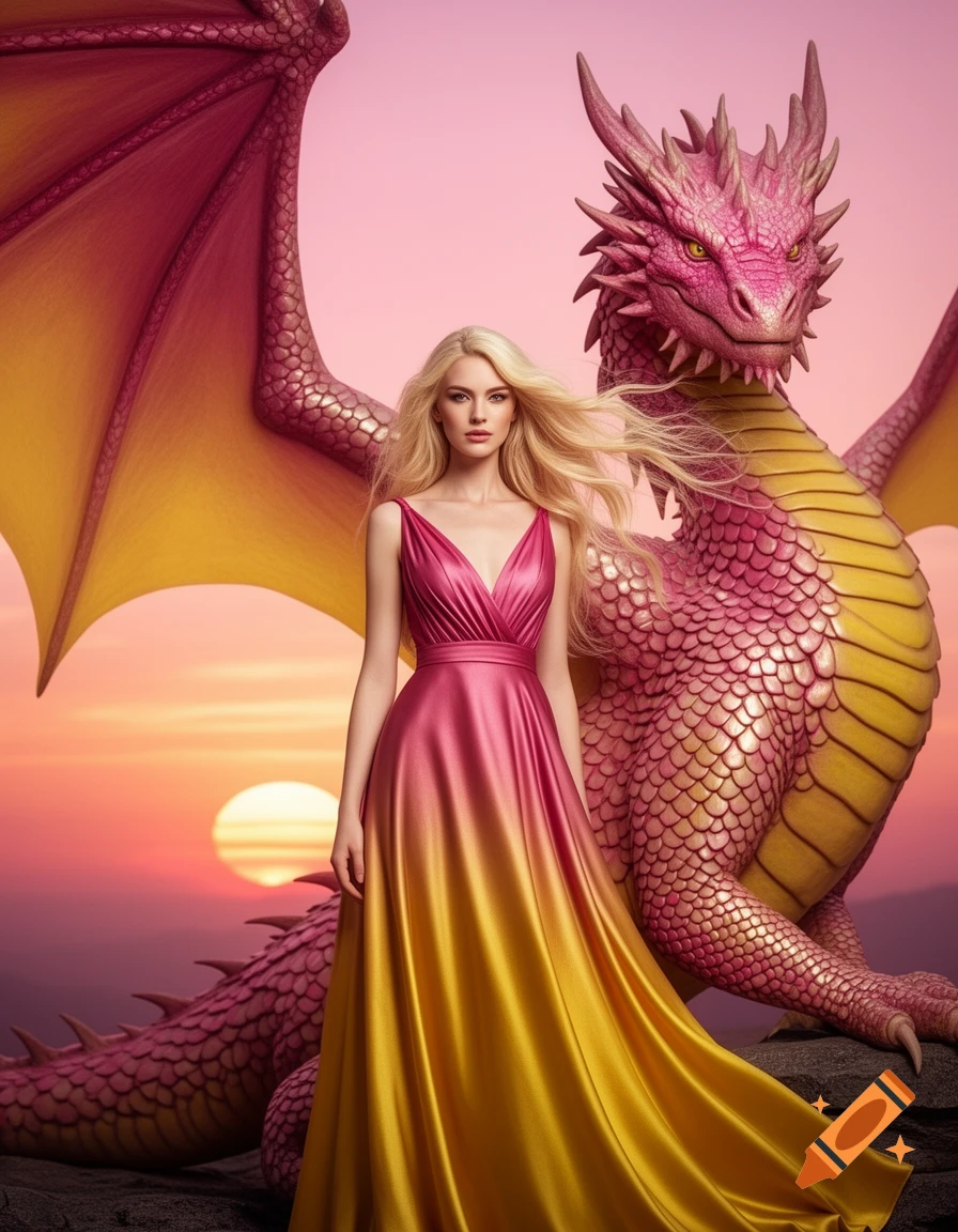 A beautiful blonde woman in a flowing pink and gold ombre dress stands before a large pink and yellow dragon at sunset.
