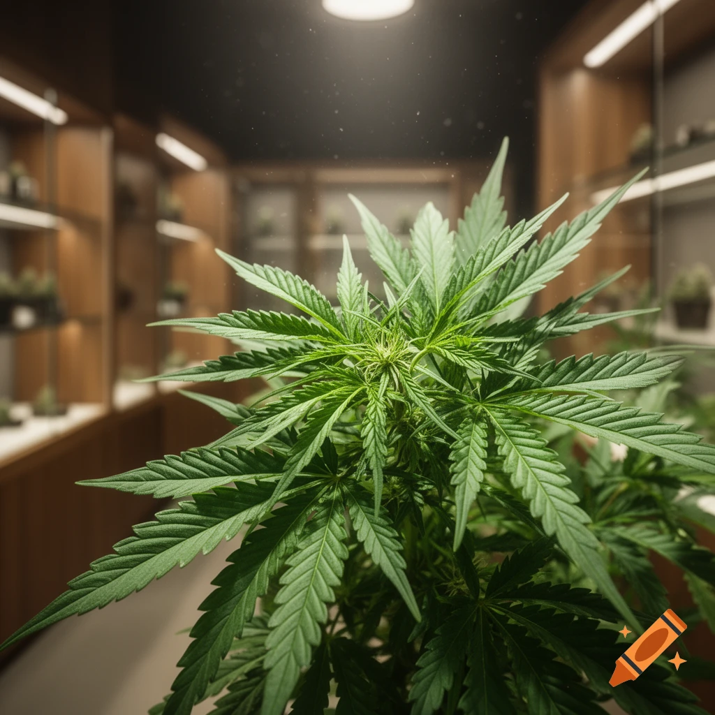 A close-up, photorealistic shot of a vibrant green cannabis plant with a blurred indoor setting and shelves in the background.