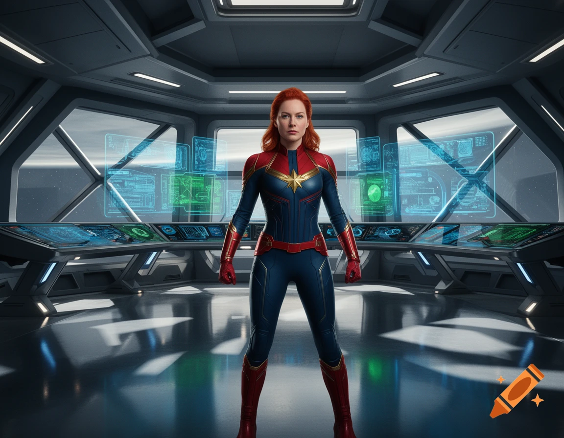 Captain Marvel stands in a futuristic spaceship bridge with glowing screens displaying data.