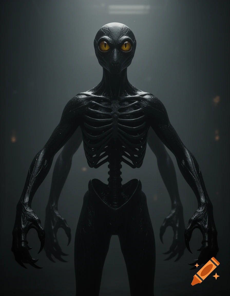 A gaunt, skeletal black alien creature with glowing yellow snake-like eyes and long, clawed hands stands in a dark, misty environment.