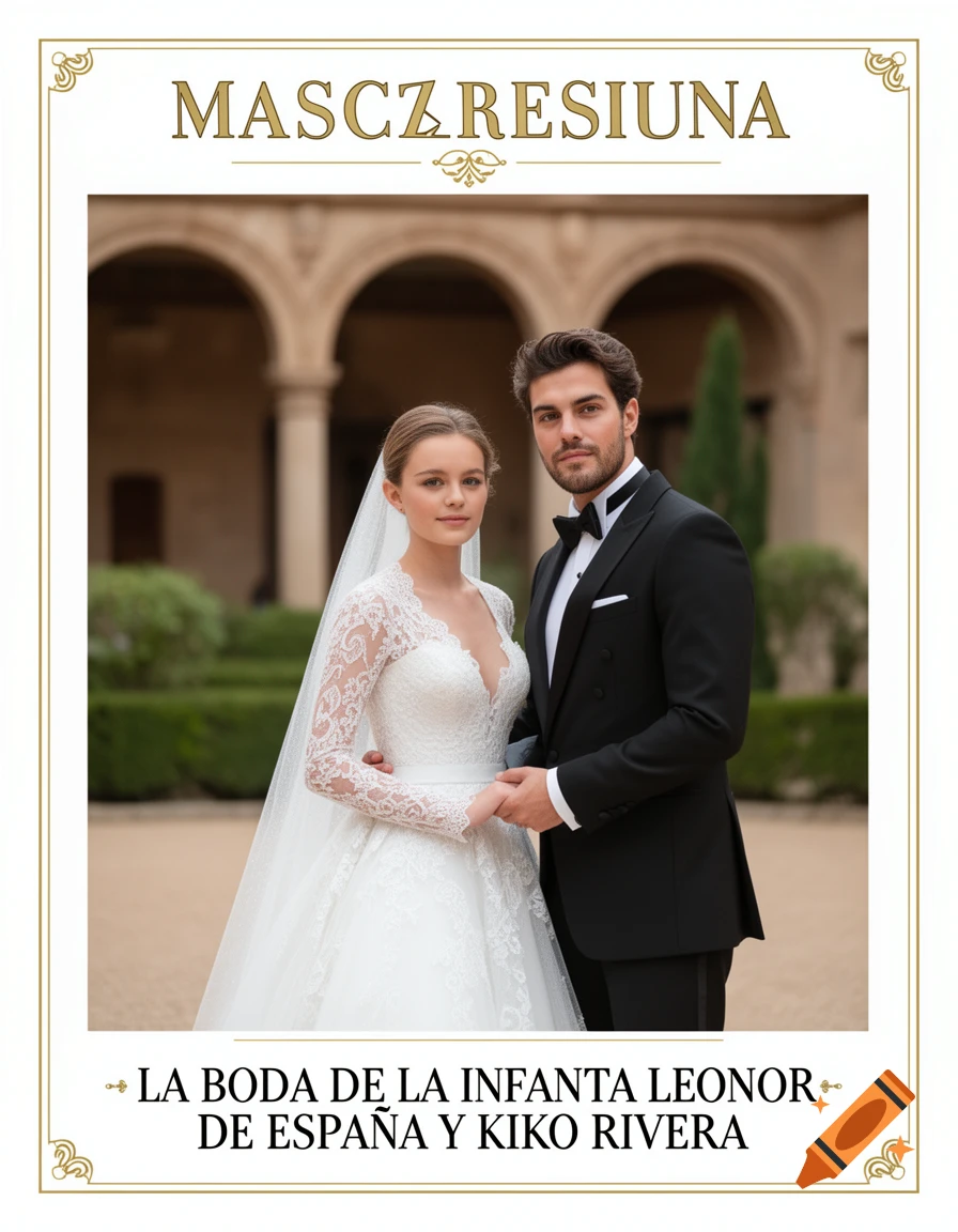 A formal wedding magazine cover featuring a bride in a lace gown and a groom in a tuxedo holding hands. Text at the top is gibberish, while the bottom announces 'THE WEDDING OF INFANTA LEONOR OF SPAIN AND KIKO RIVERA'.