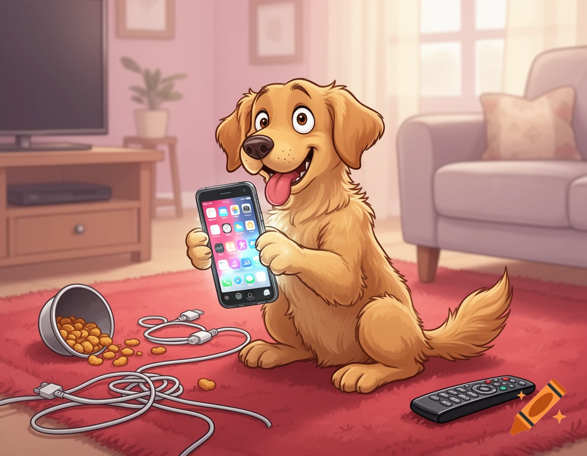 A cartoon golden retriever dog happily holding a smartphone with app icons, sitting on a red rug surrounded by spilled dog food, cables, and a TV remote.