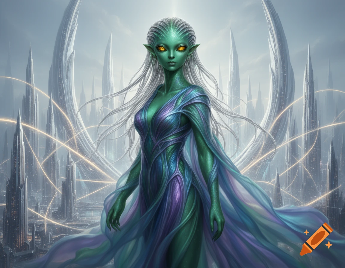 Elegant alien woman with emerald skin, golden eyes, and white hair, wearing an iridescent robe, in a futuristic city.