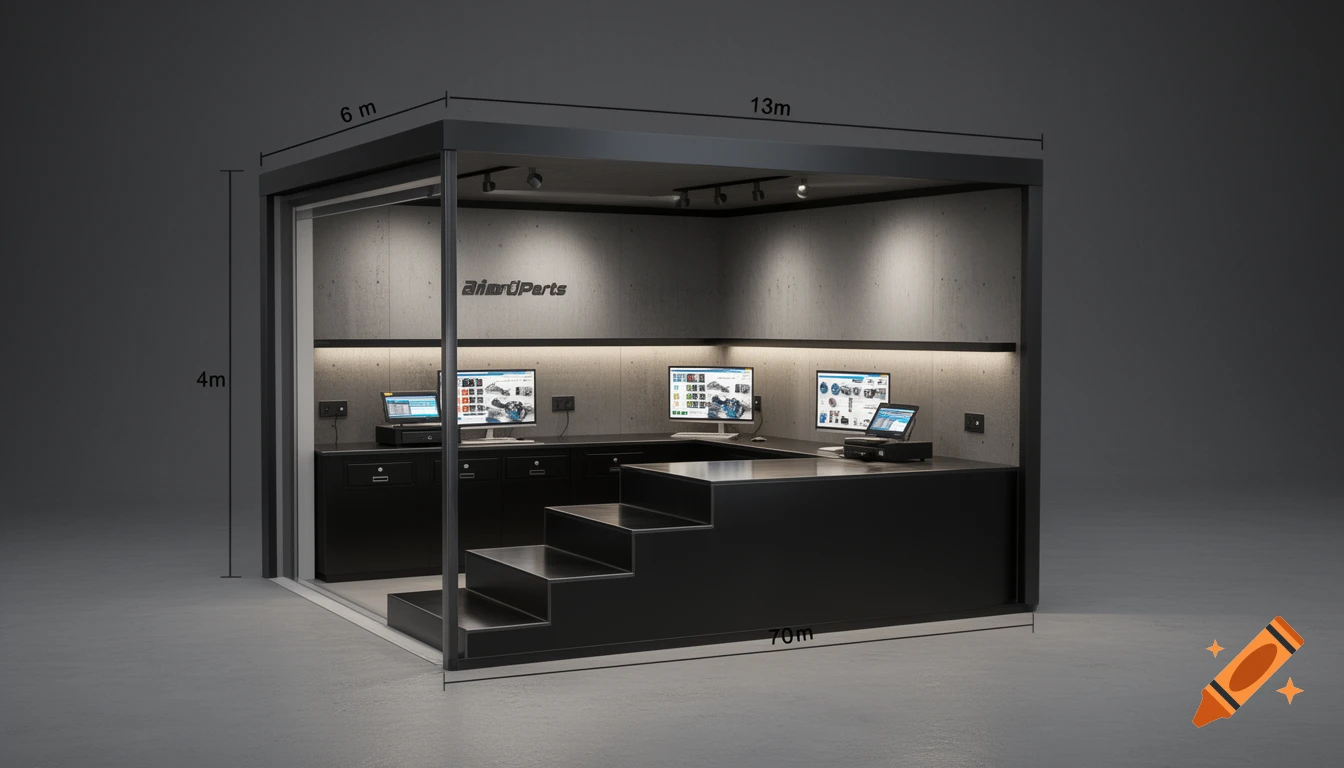 A modern, dark-themed car spare parts store interior design with counters, computers, accent lighting, and dimension lines on a dark gray background.