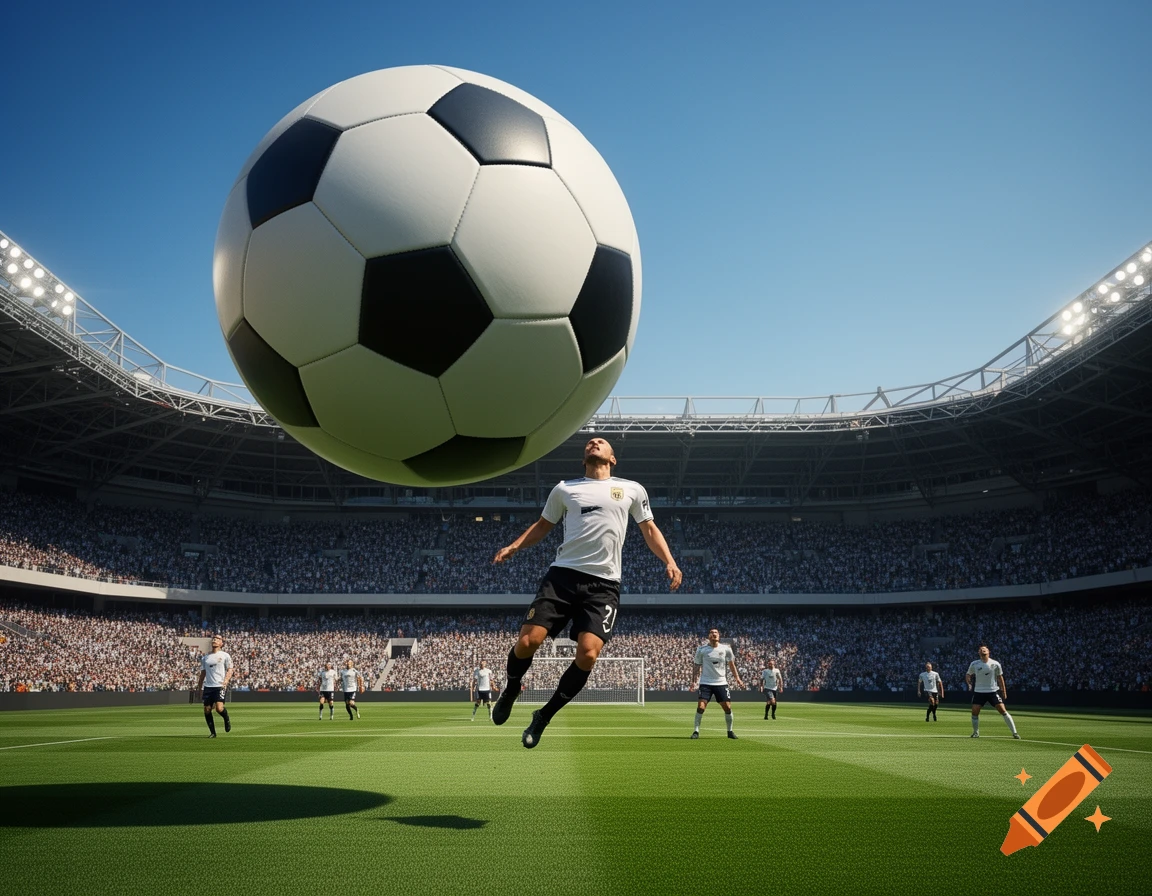 Photorealistic image of a soccer player jumping to head an enormous soccer ball in a crowded stadium.