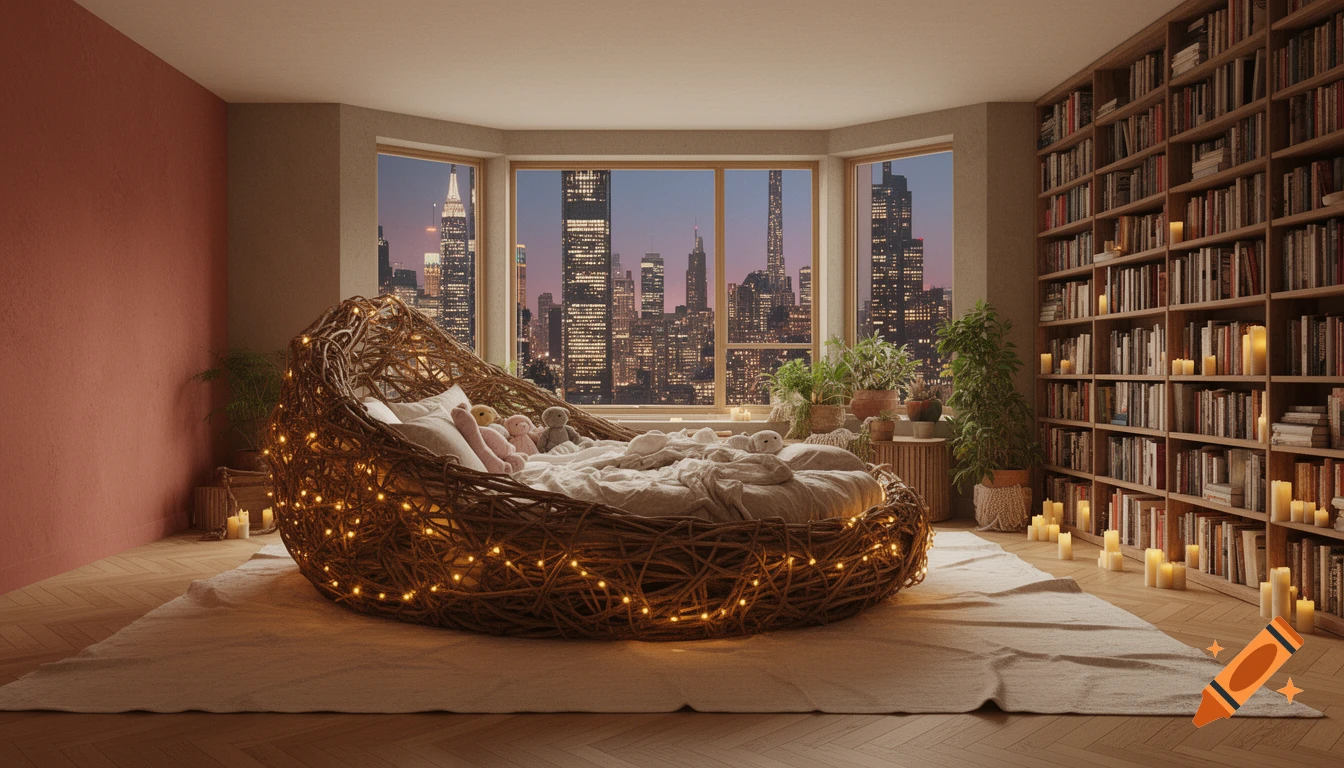 A dreamy bedroom with a large, cozy nest-like bed wrapped in string lights, overlooking a city skyline at dusk. A tall bookshelf lines one wall, filled with books and candles.