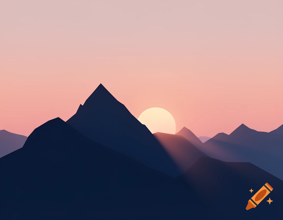 A graphic, minimalist illustration of a sunrise over dark blue mountains with a pink sky.