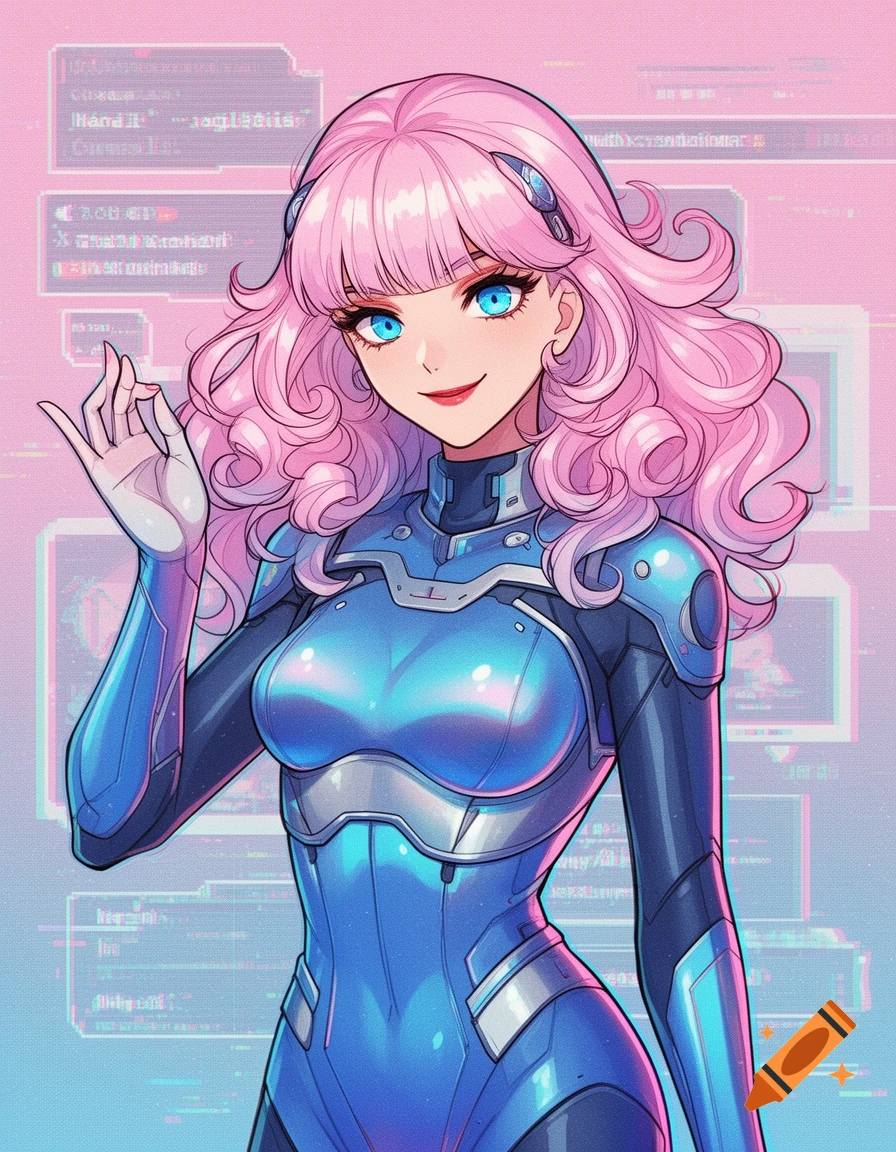 Anime girl with pink wavy hair, blue eyes, and a blue futuristic suit, smiling and raising a hand against a digital interface background.