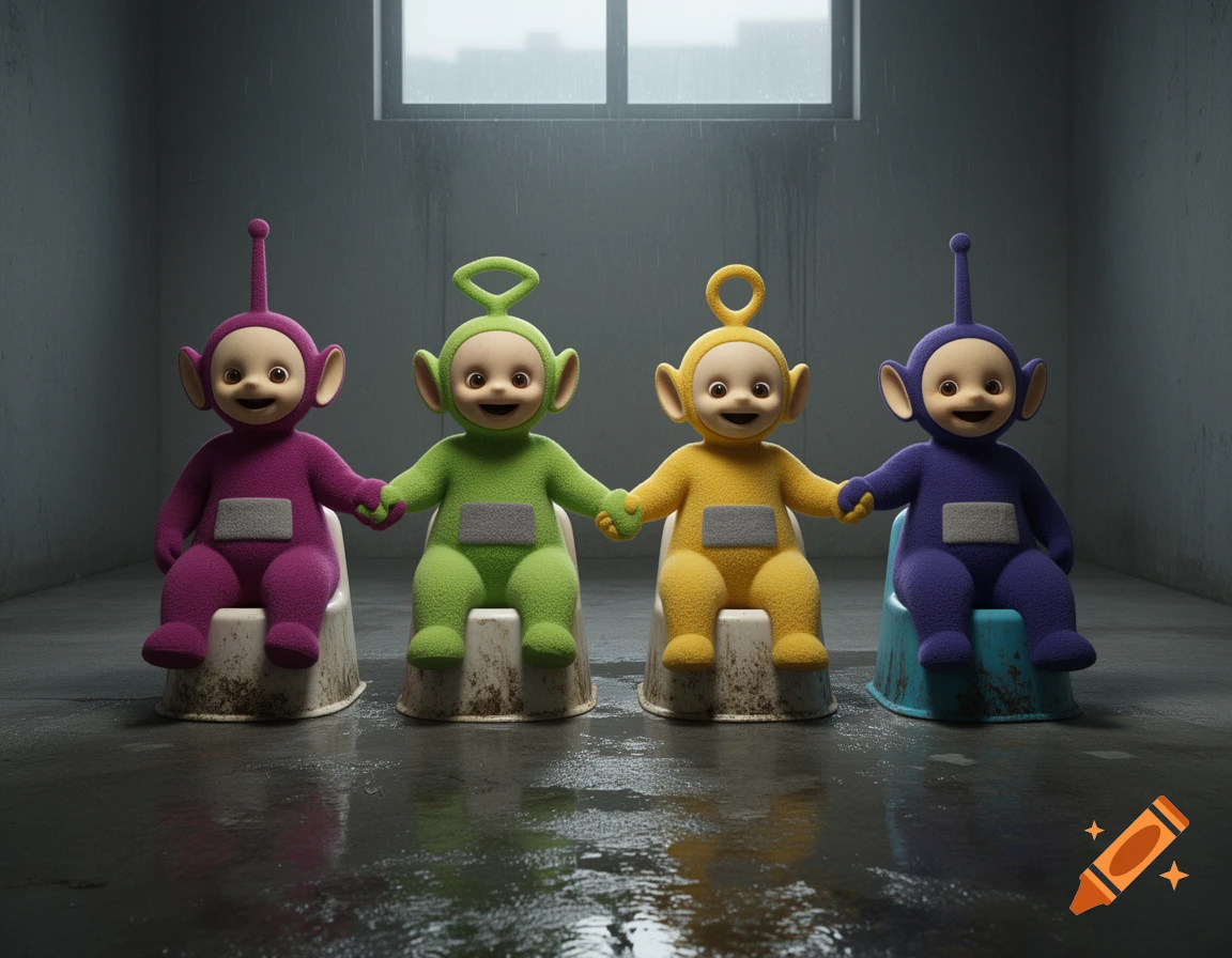 Four colorful Teletubbies sit on dirty potty chairs, holding hands and smiling in a dimly lit, wet room with a window, photorealistic.