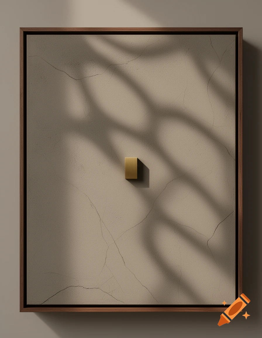 Minimalist wall art object with a small brushed brass inlay on a textured greige surface, featuring abstract shadow patterns and a walnut frame.