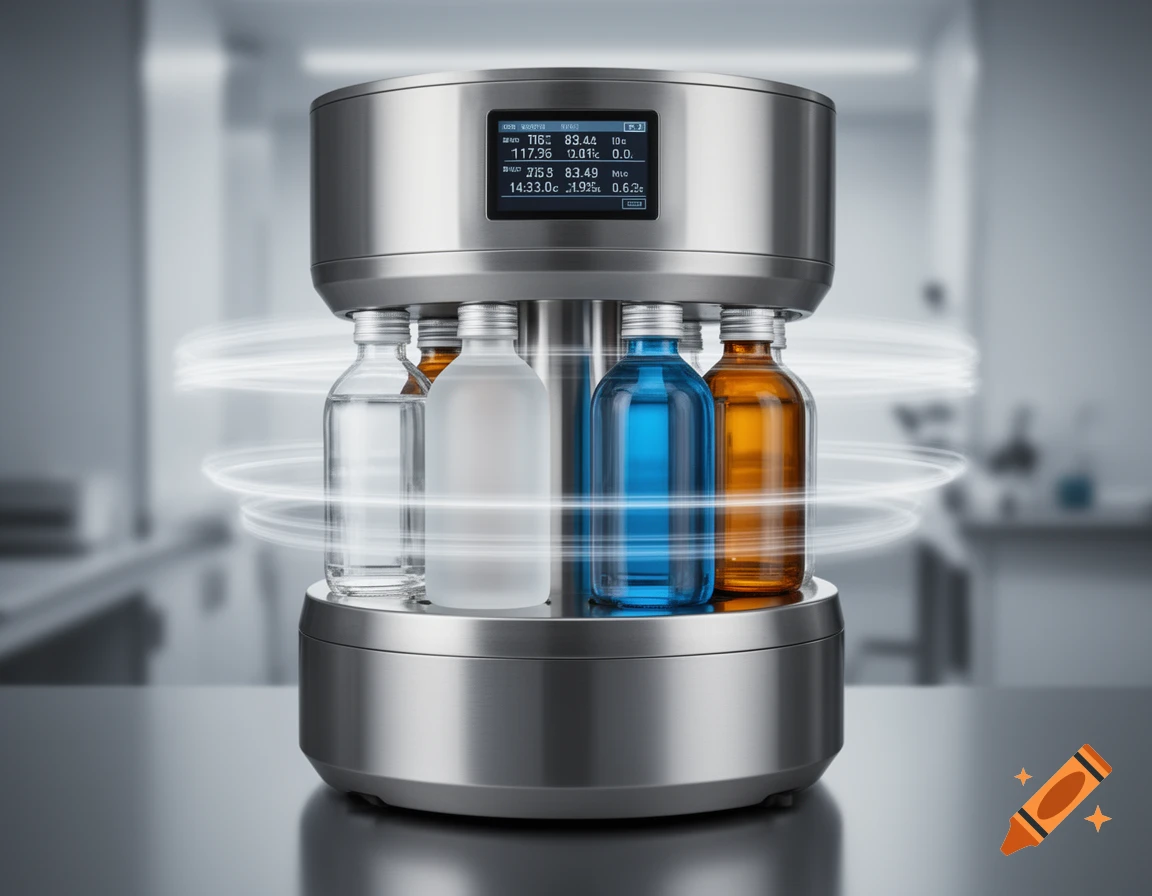 Photorealistic image of a sleek silver centrifugal machine with four bottles (clear, frosted, blue, amber) and a digital display, surrounded by spinning light trails, in a lab setting.