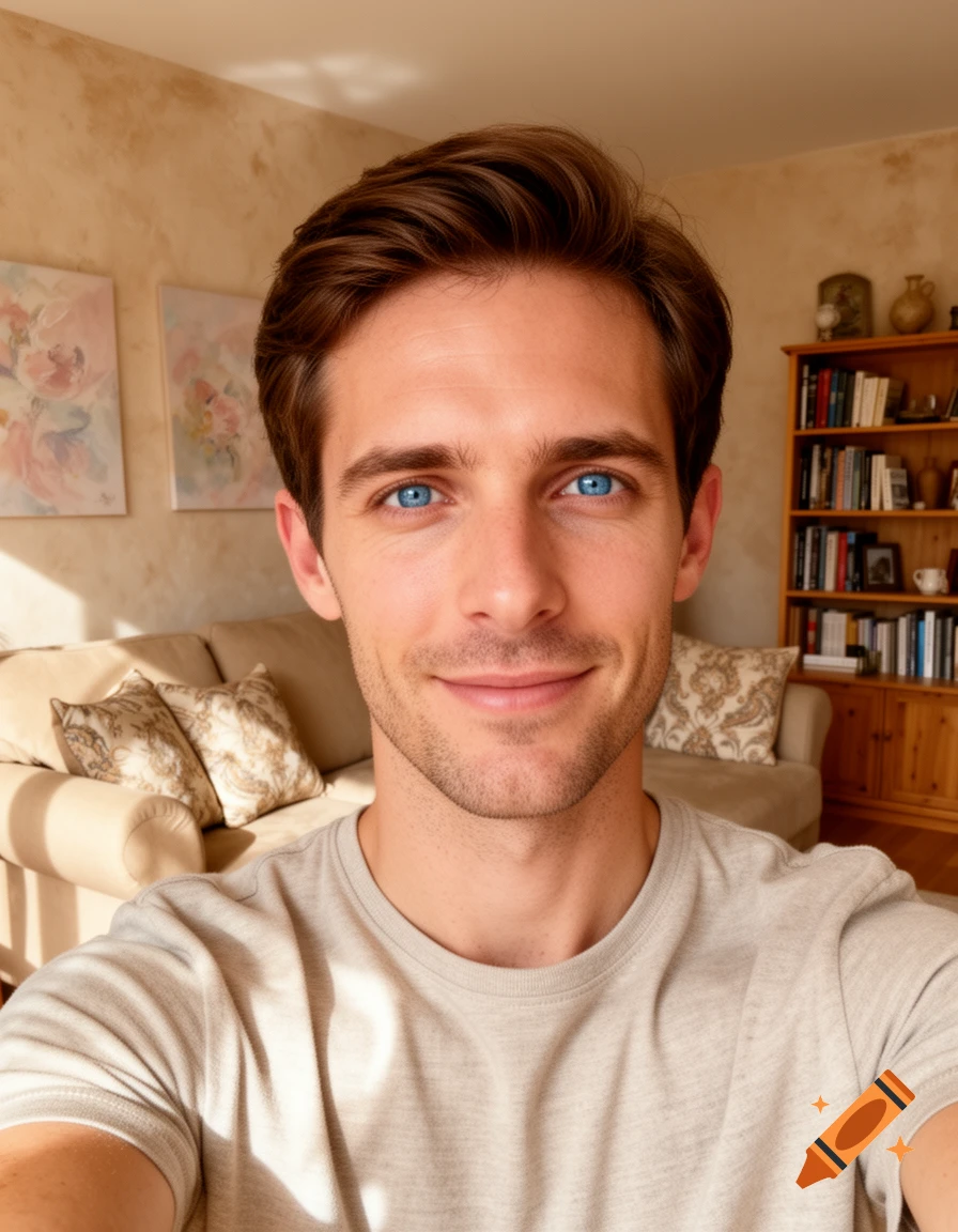 Photorealistic selfie of a smiling young man with brown hair and bright blue eyes, in a sunlit living room.