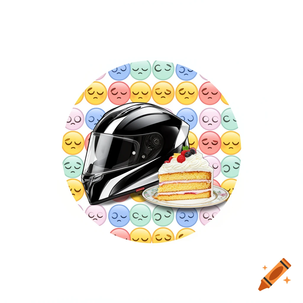A stylized motorbike helmet and a slice of cake on a plate, set against a repeating pattern of pastel sleep emojis within a circular frame.