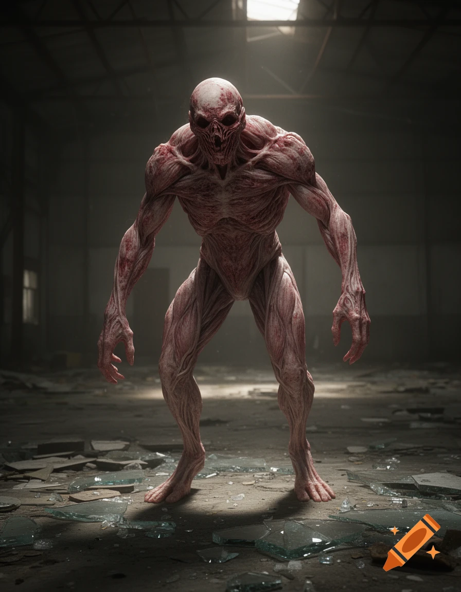 Photorealistic render of a fleshy, skinless humanoid monster standing in a shadowy, dilapidated industrial building with shattered glass.