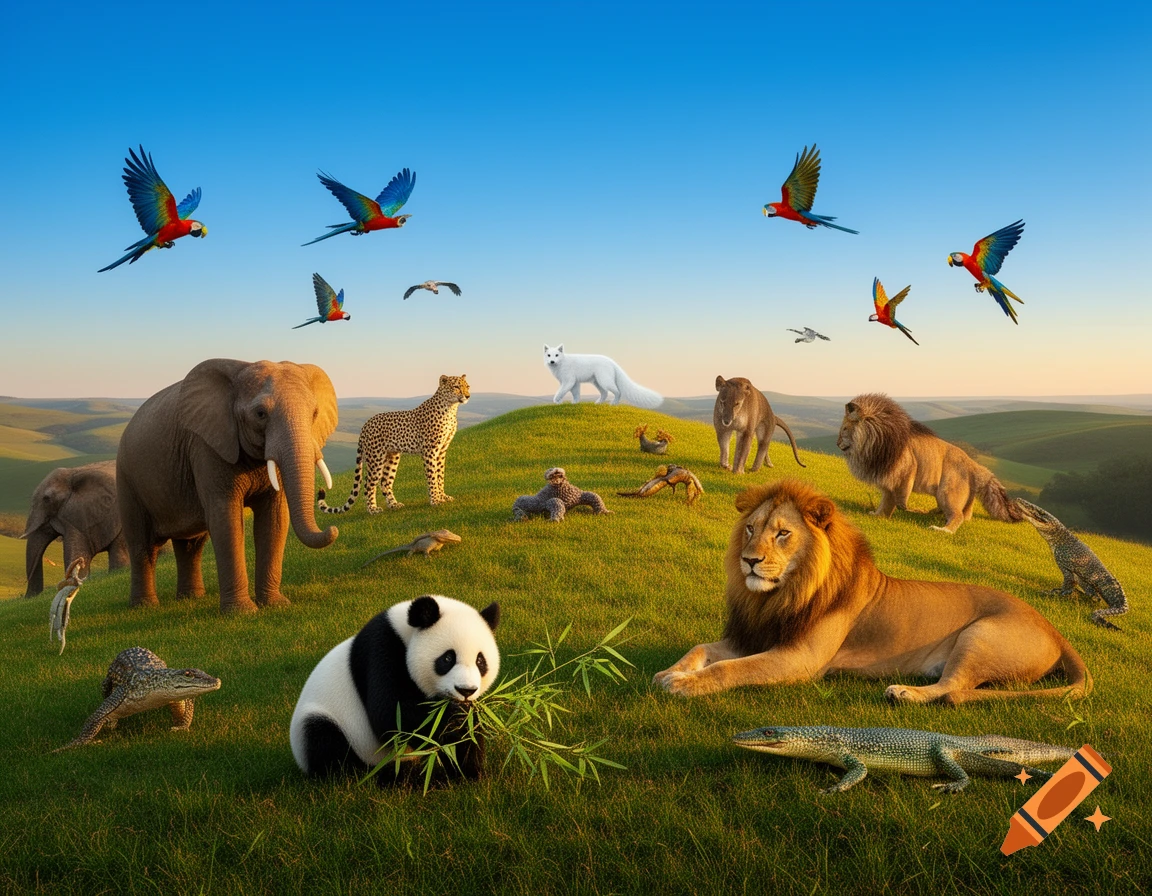 Various animals including elephants, lions, a panda, cheetah, fox, birds, and reptiles gather on a lush green grassy knoll under a clear blue sky.