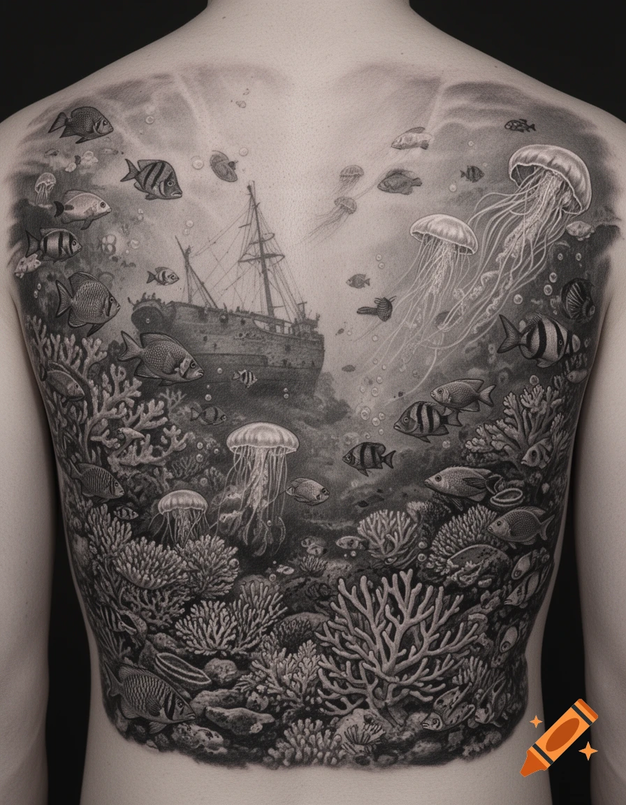 A detailed black and white tattoo on a person's back, depicting an underwater coral reef with various fish, jellyfish, and a shipwreck.