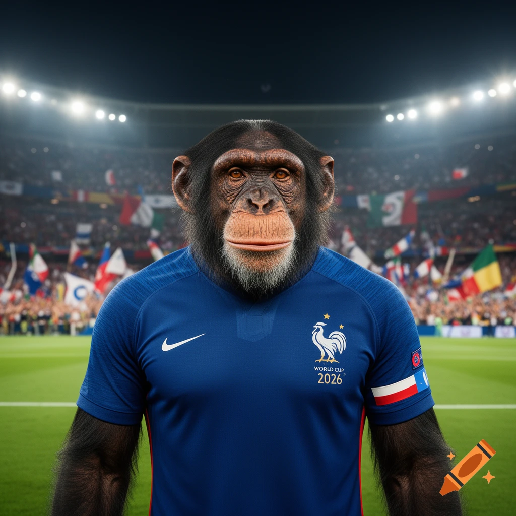 A chimpanzee wearing a blue France national football jersey with 'World Cup 2026' text, standing in a stadium.