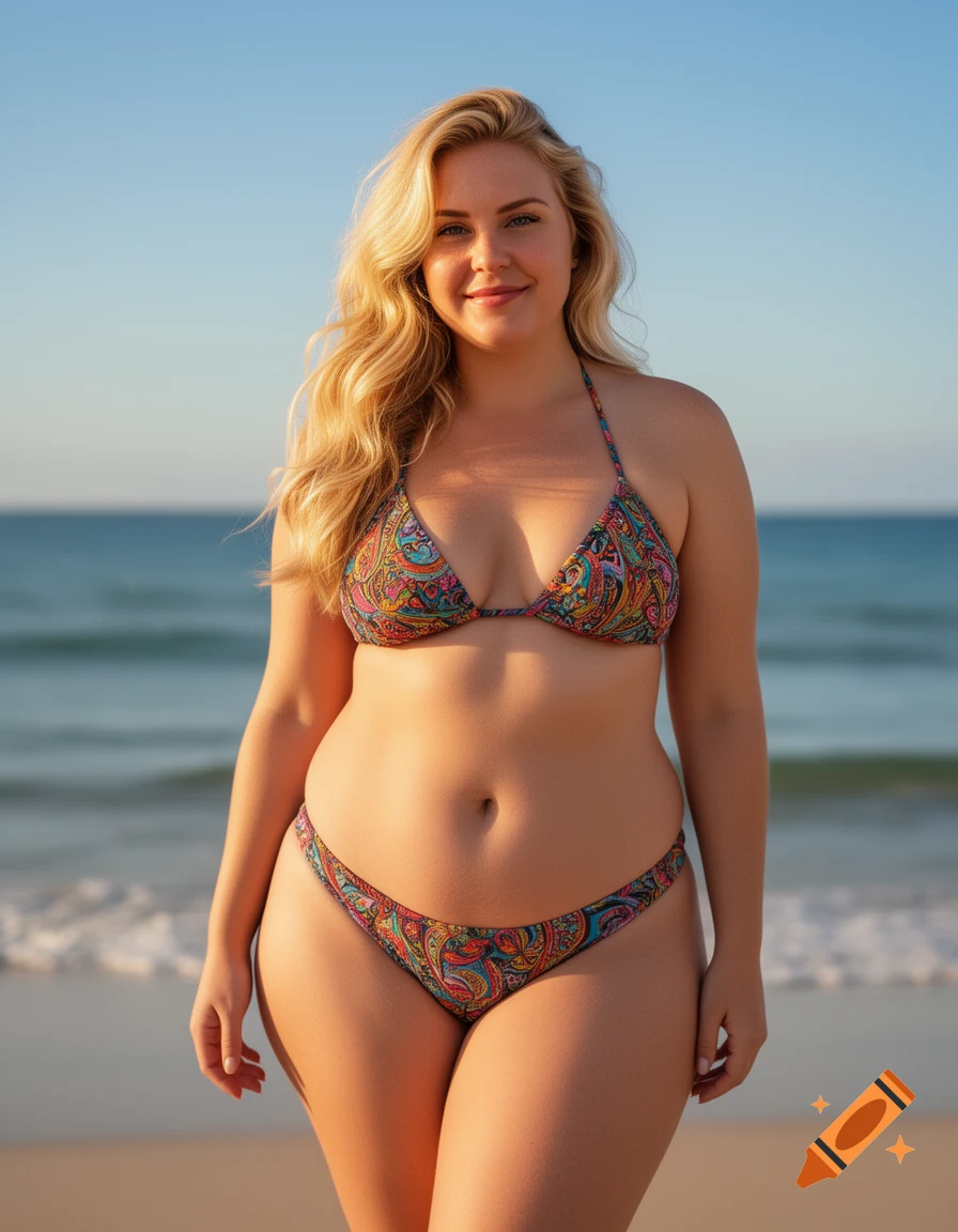 A smiling blonde woman in a colorful paisley bikini stands on a sunny beach with the ocean behind her.