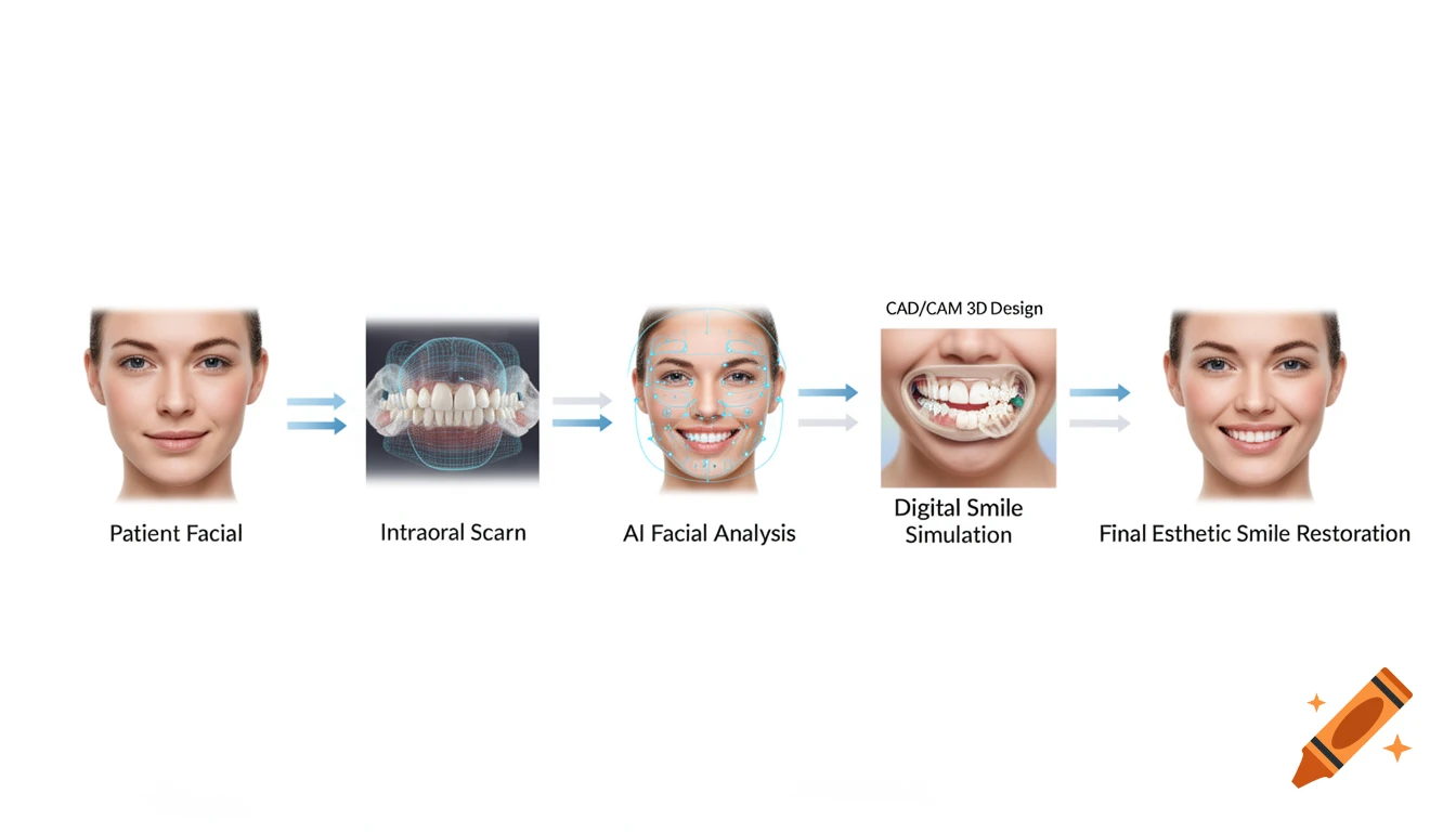 An infographic illustrating the workflow of AI-assisted Digital Smile Design, from patient facial photo to final esthetic restoration.
