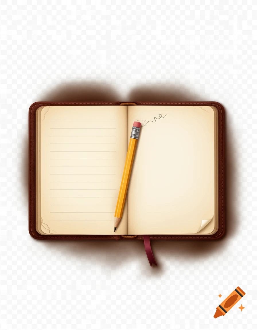 An open, antique-style leather journal with a yellow pencil resting diagonally on the pages, all on a transparent background.