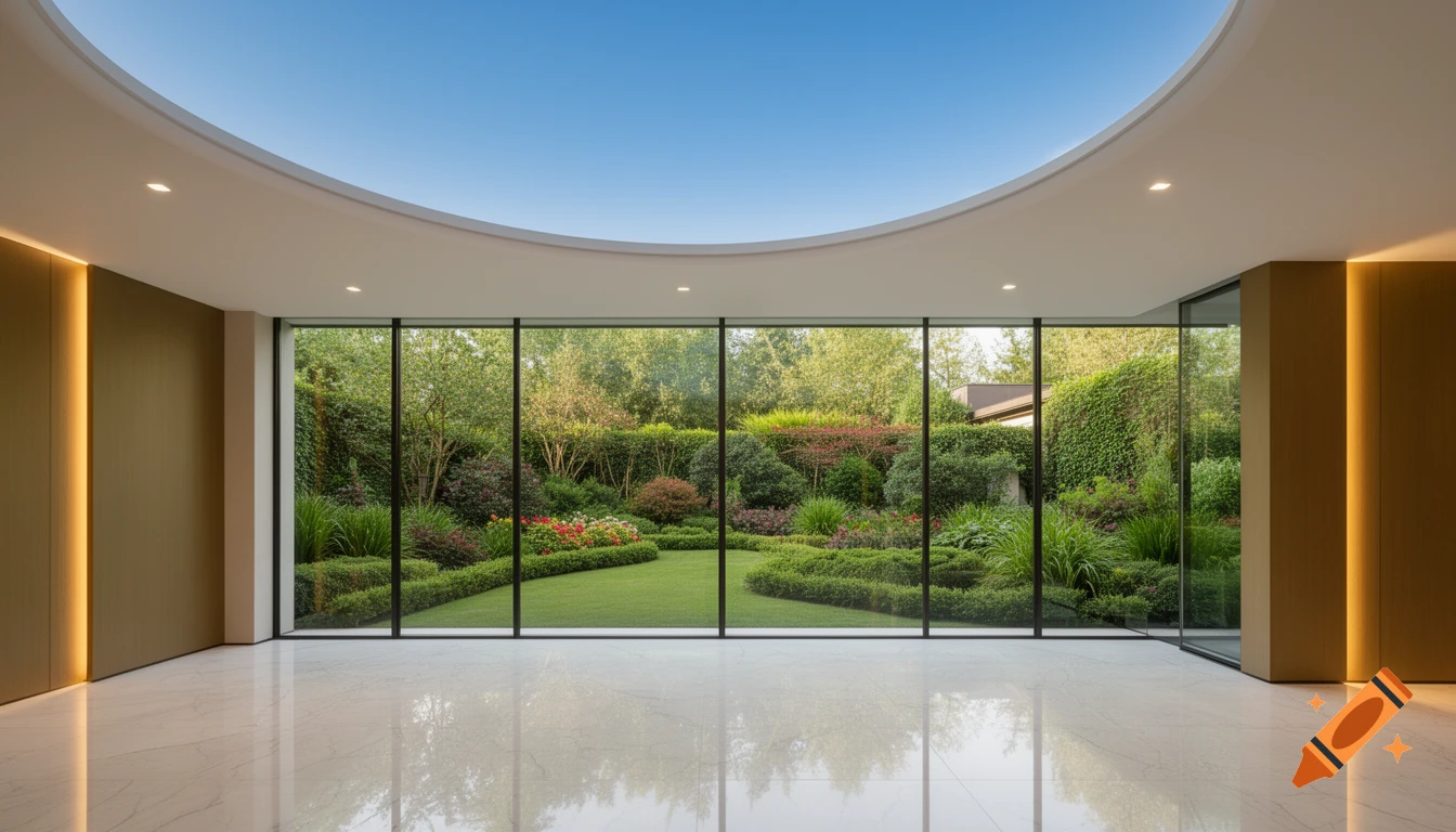 A bright modern interior with floor-to-ceiling windows overlooking a lush, manicured garden under a clear blue sky. Polished marble floors reflect the light.