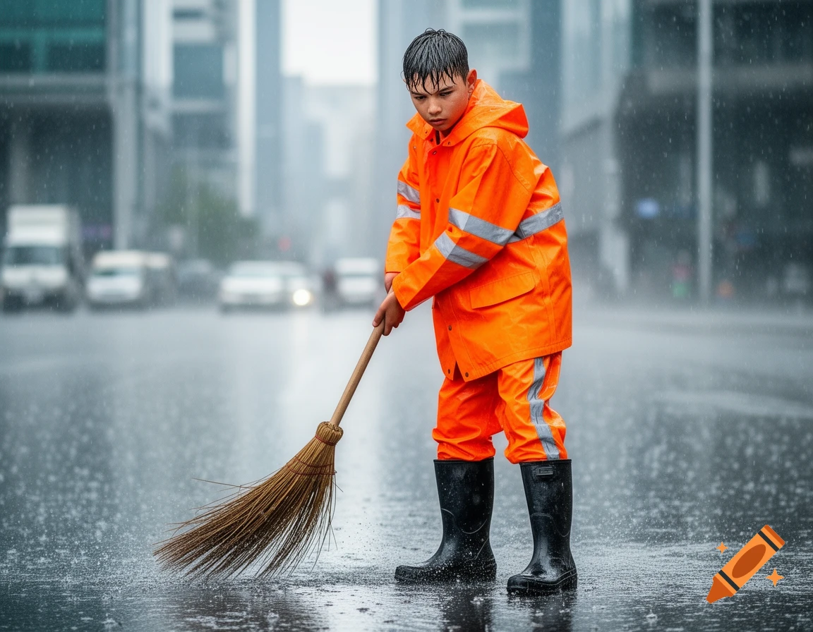 A focused young boy in an orange reflective raincoat and black boots sweeps a wet city street in the pouring rain, photorealistic.