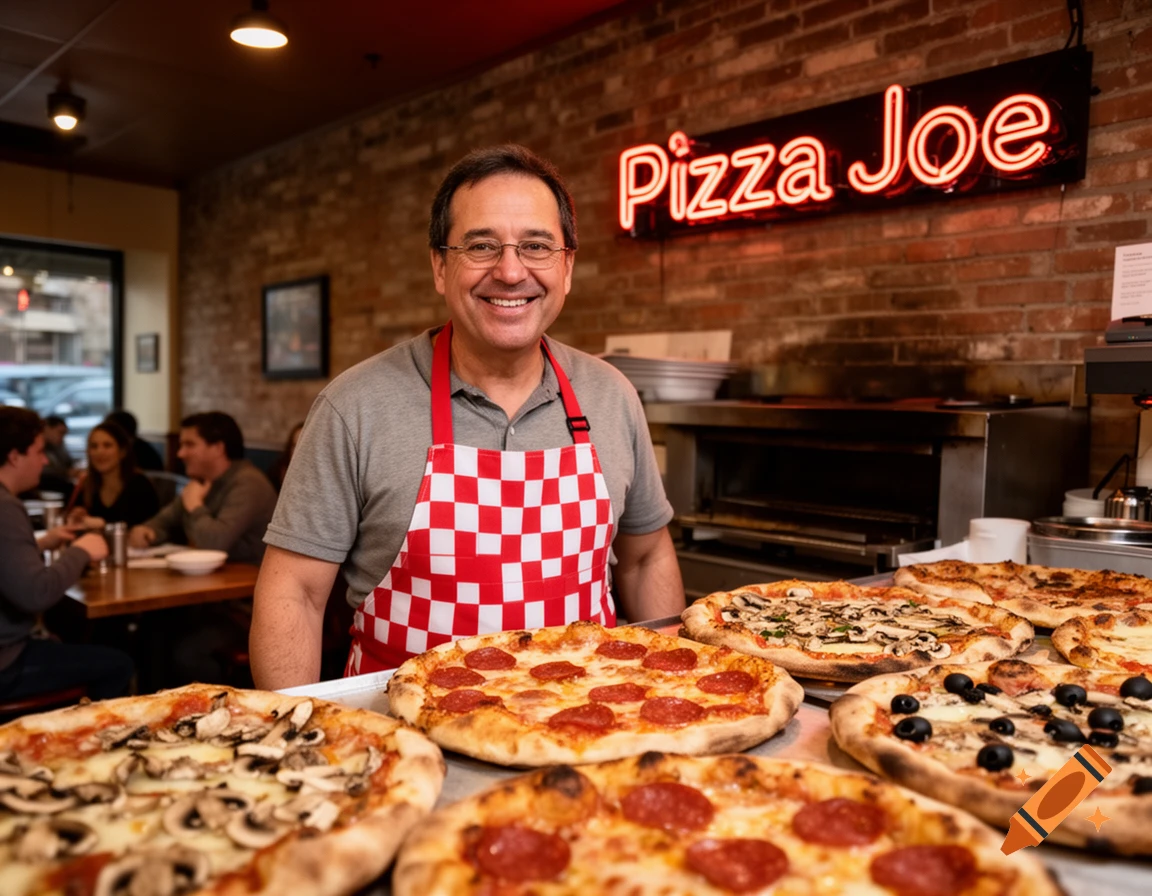A smiling man in a red and white apron stands behind a counter displaying several pizzas, with a 'Pizza Joe' neon sign on the brick wall.