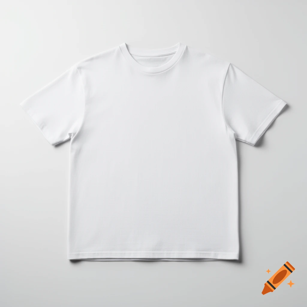 A plain white short-sleeve t-shirt, flat lay, on a light gray background.